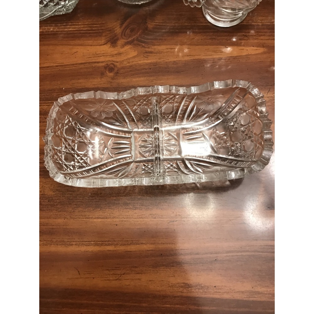 Vintage cut glass relish Dish floral design Sawtooth Divided 8 In